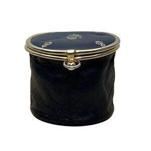 Unbranded Vintage Expandable Coin/Jewelry Pouch Navy Blue Leather Gold-Tone Flor